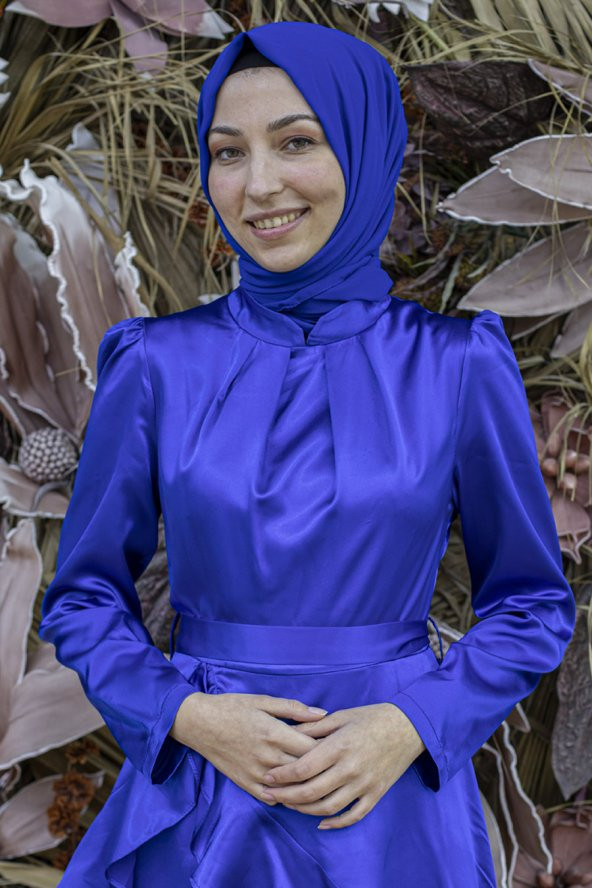 Tesettür Abiye Elbise - Saks Mavisi - 2