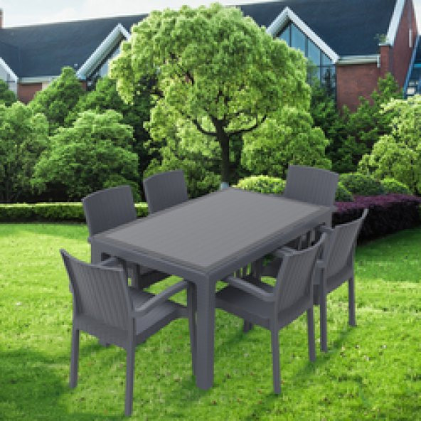 Violet Rattan 90x150cm 6lı Camlı Bahçe Mutfak Masa Takımı Antrasit