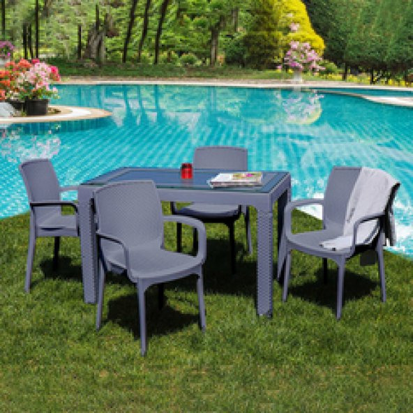 Violet Rattan 70x120cm 4lü Camlı Bahçe Mutfak Masa Takımı Antrasit