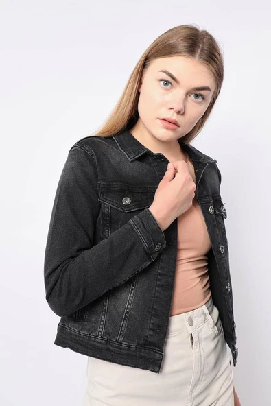 Kadın Antrasit Slim Fit Jean Ceket - 5