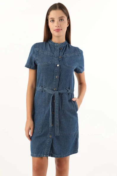Kadın Koyu Mavi Kısa Kollu Jean Elbise - 5