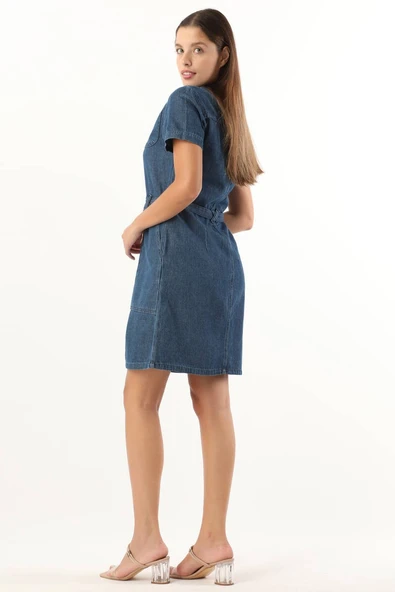 Kadın Koyu Mavi Kısa Kollu Jean Elbise - 4