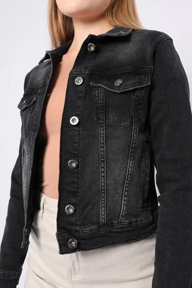 Kadın Antrasit Slim Fit Jean Ceket - 7