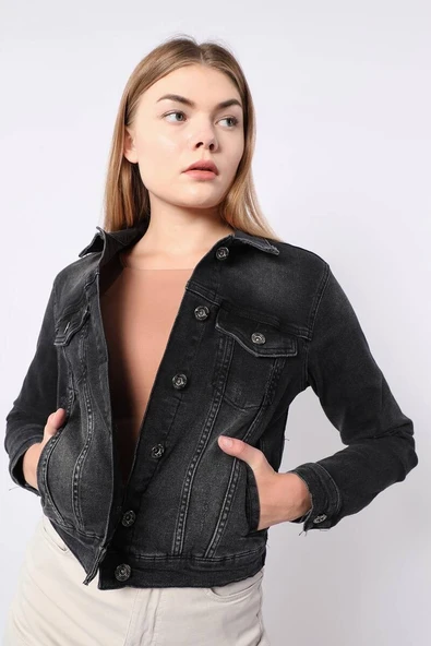 Kadın Antrasit Slim Fit Jean Ceket - 5
