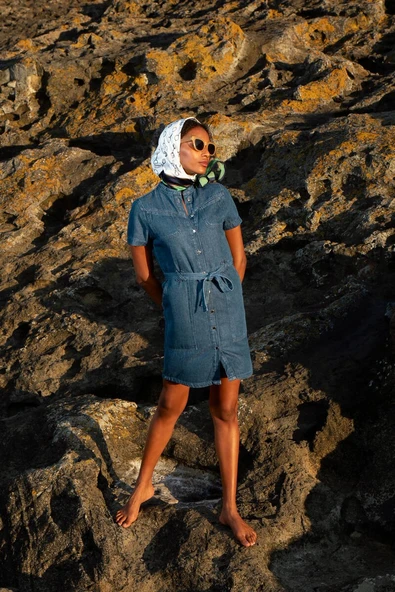 Kadın Koyu Mavi Kısa Kollu Jean Elbise - 2