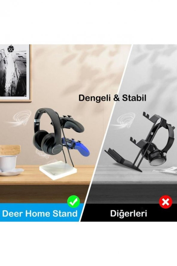 Beyaz Ahşap Ve Siyah Metal Gaming Ps4 Ps5 Xbox Joystick Kontroller Tutucu Ve Kulaklık Dikey Standı - 4