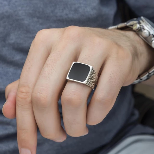 Kare Siyah Mineli Erzurum İşleme 925 Gümüş Erkek Yüzük - Resim 6