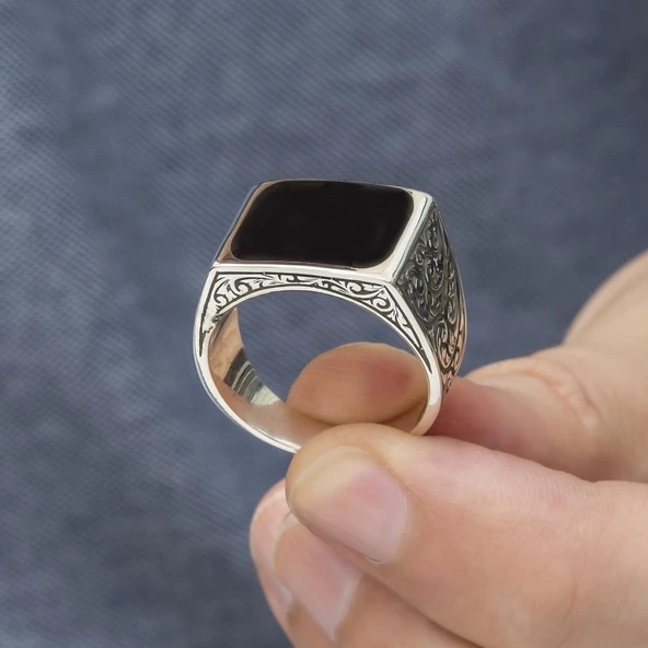 Kare Siyah Mineli Erzurum İşleme 925 Gümüş Erkek Yüzük - Resim 8