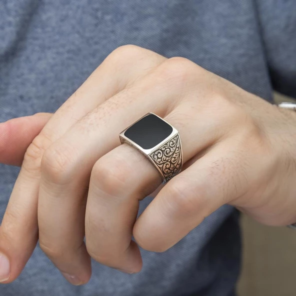 Kare Siyah Mineli Erzurum İşleme 925 Gümüş Erkek Yüzük - Resim 5