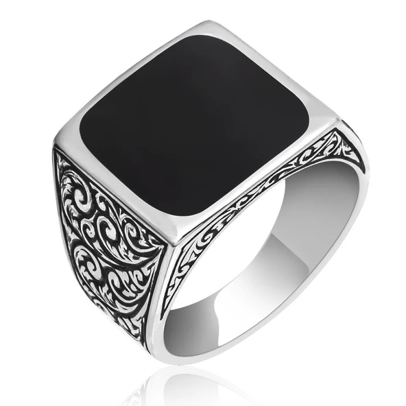 Kare Siyah Mineli Erzurum İşleme 925 Gümüş Erkek Yüzük - Resim 12