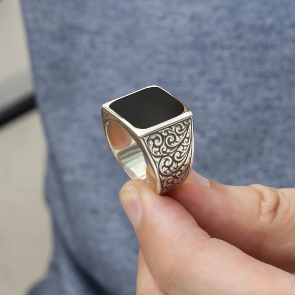 Kare Siyah Mineli Erzurum İşleme 925 Gümüş Erkek Yüzük - Resim 7