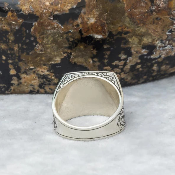 Kare Siyah Mineli Erzurum İşleme 925 Gümüş Erkek Yüzük - Resim 9