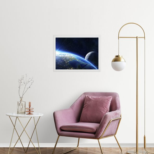 Kitap Şeyleri Beyaz Ikea Çerçeveli Dünya ve Ay Tasarım Tablo