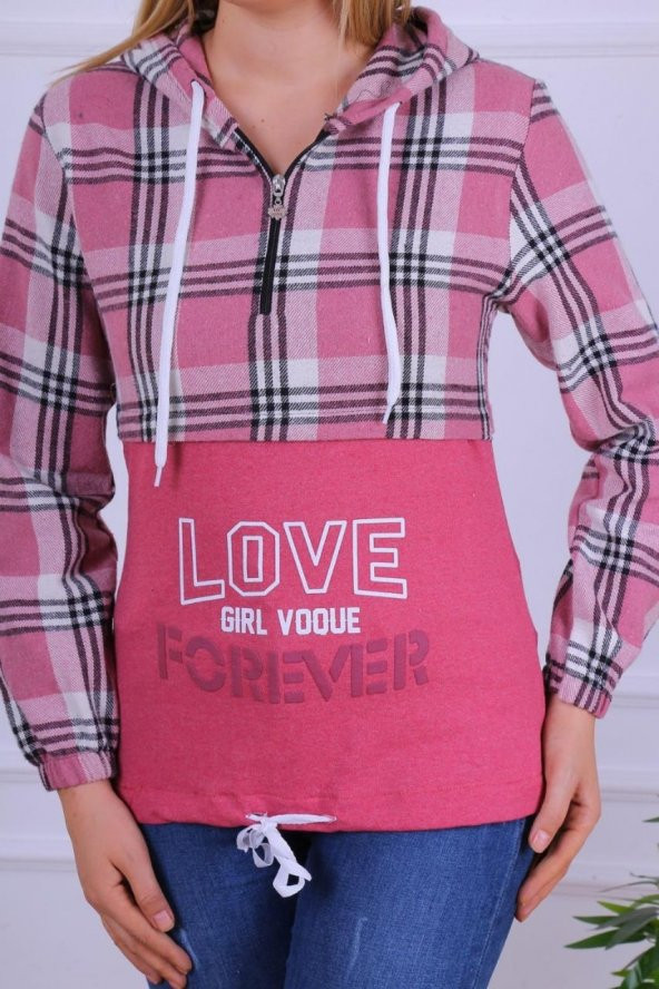 Kapüşonlu Baskılı Oduncu Sweatshirt Pembe - 3
