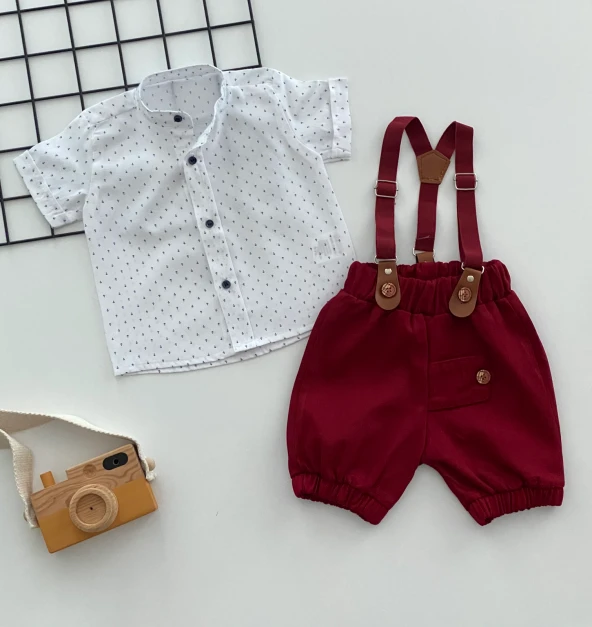 Neşeli Bebeklerimize Çapa Desen Hakim Yaka Pantolon Askılı Kısa Kol Şortlu Takım Bordo ürün görseli