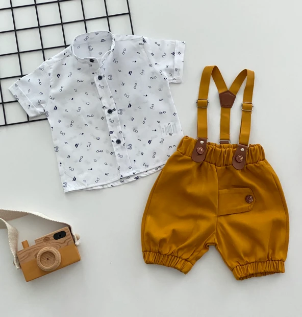Neşeli Bebeklerimize Gözlük Desen Hakim Yaka Pantolon Askılı Kısa Kol Şortlu Takım Hardal ürün görseli
