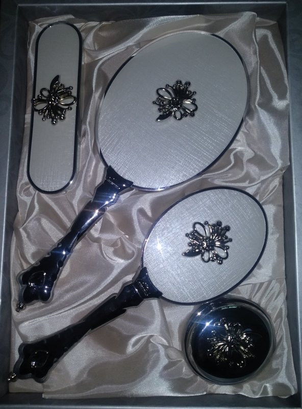 Camomile 4lü Broş Ayna Fırça Pudralık Seti Mat Beyaz 301 - 2