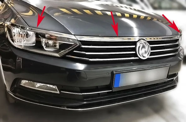 Vw Passat B8 Krom Ön Panjur+ Far Üzeri Çıta 3 Prç. 2015-2019 Arası P.çelik