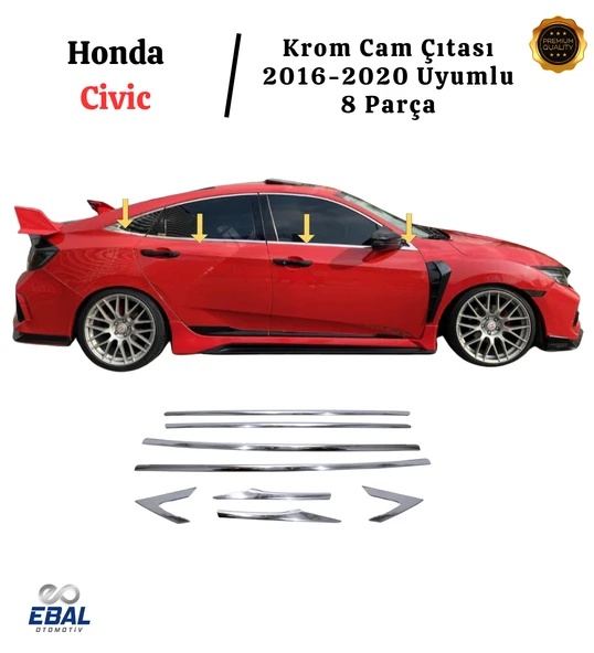 Honda Civic Krom Cam Çıtası 8 Parça P.çelik 2016-2020 Paslanmaz Çelik ürün görseli 1