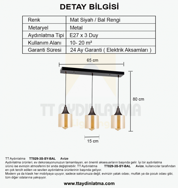 TT Aydınlatma TT029-3S-SY-BAL   Mat Siyah - Bal 3 lü Sıralı Avize - 4