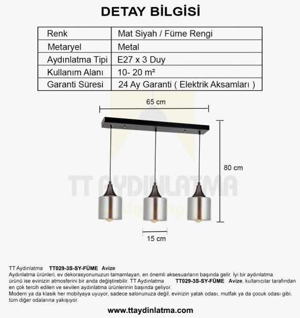 TT Aydınlatma TT029-3S-SY-FÜME  Mat Siyah - Füme 3 lü Sıralı Avize - 4