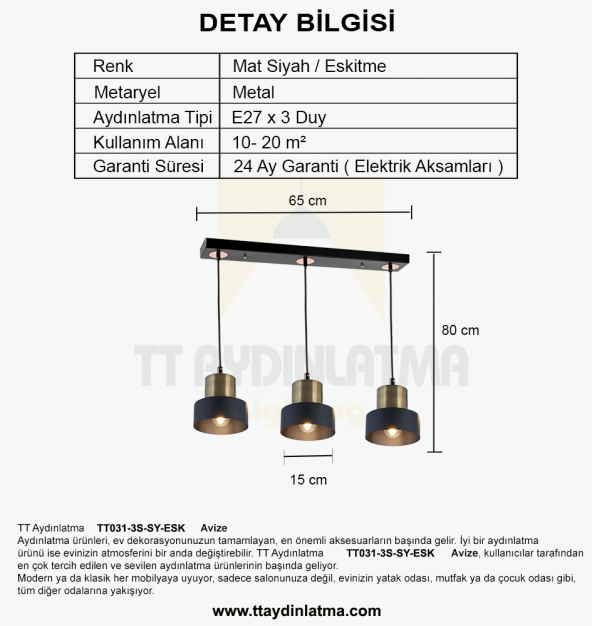 TT Aydınlatma TT031-3S-SY-ESK  Mat Siyah-Eskitme 3 lü Sıralı Avize - 4