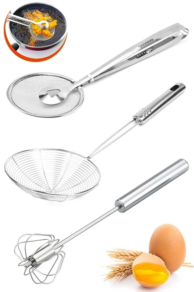 Tilbe Home Servis Seti Kepçe Kevgir Çelik Maşalı Kevgir Süzgeç Kızartma Yağ Süzgeci Çelik Yumurta Çırpıcı Tel