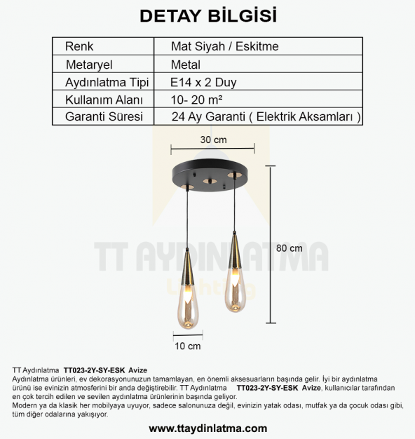 TT Aydınlatma TT023-2Y-SY-ESK  Eskitme 2 li Damla Modeli Yuvarlak - Resim 4
