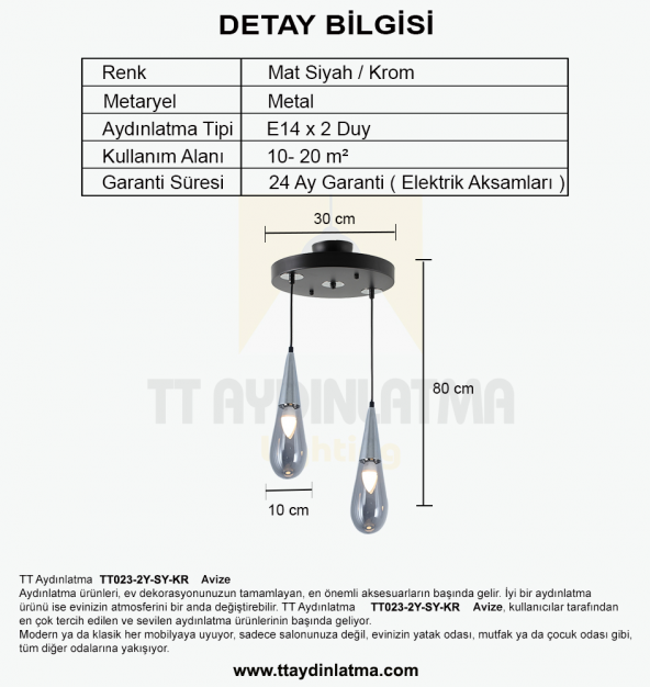 TT Aydınlatma TT023-2Y-SY-KR  Krom 2 li Damla Modeli Yuvarlak Aviz - 3