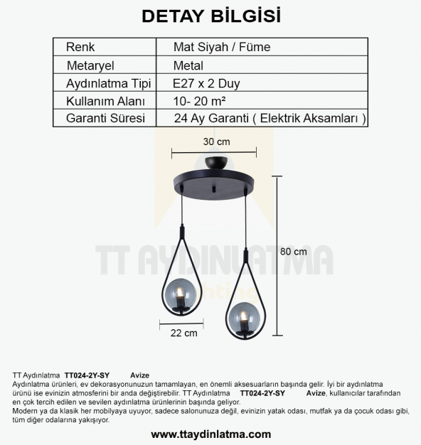 TT Aydınlatma TT024-2Y-SY  Mat Siyah 2 li Yuvarlak Avize - 4