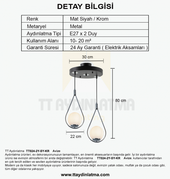 TT Aydınlatma TT024-2Y-SY-KR  Mat Siyah-Krom 2 li Yuvarlak Avize - 4