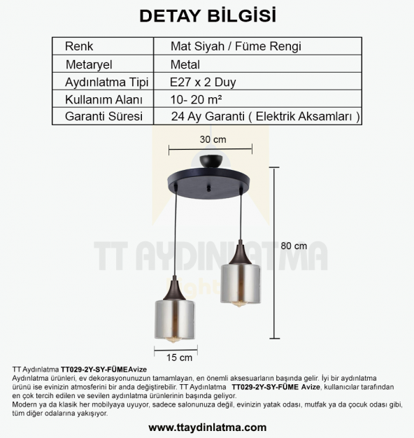 TT Aydınlatma TT029-2Y-SY-FÜME  Mat Siyah - Füme 2 li Yuvarlak Avi - 4