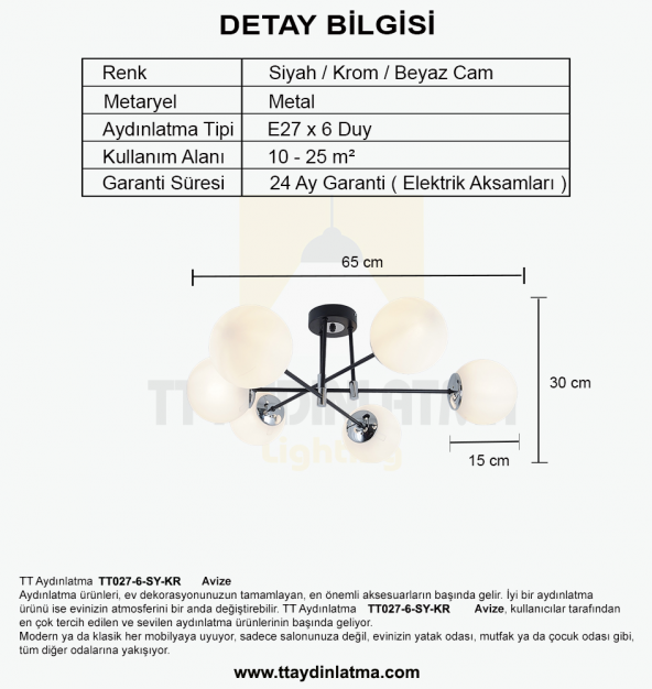 TT Aydınlatma TT027-6 SY-KR  Mat Siyah - Krom 6 lı Lüks Avize - 5