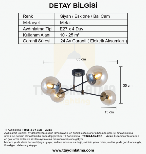 TT Aydınlatma TT028-4 SY-ESK  Mat Siyah - Eskitme 4 lü Lüks Avize - 6