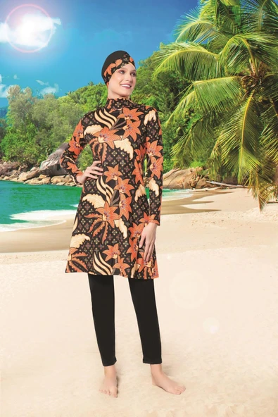 Ruko Maio 22121-3 Desenli Balıkçı Yaka Likralı Kumaş Tam Tesettür Mayo