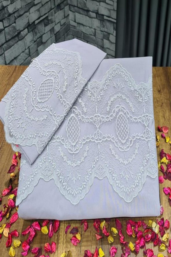 Fransız Dantelli Eslem Çeyizlik Nevresim Takımı Gri - 6
