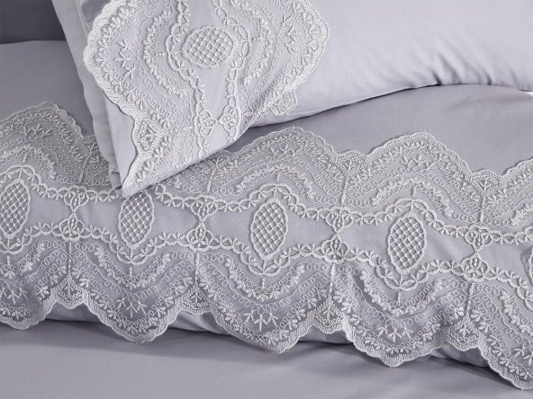 Fransız Dantelli Eslem Çeyizlik Nevresim Takımı Gri - 2