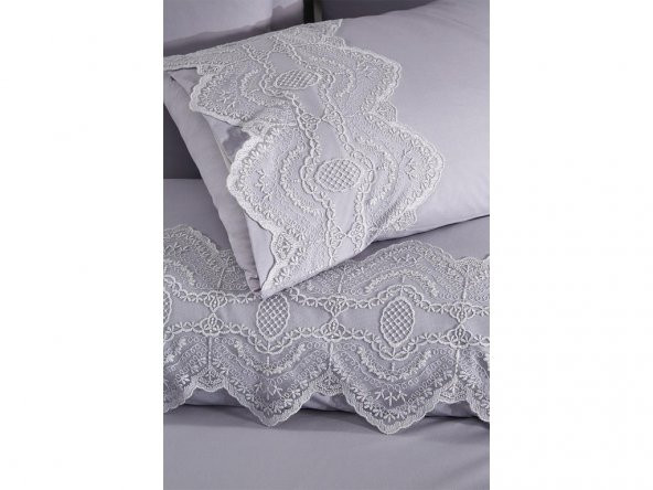 Fransız Dantelli Eslem Çeyizlik Nevresim Takımı Gri - 5