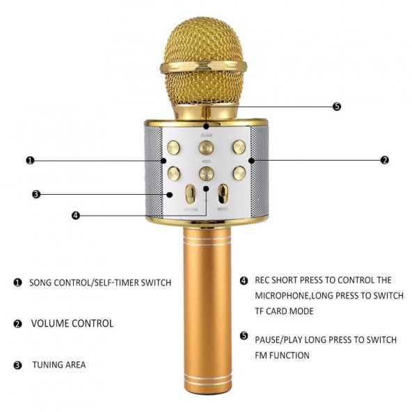 Karaoke Mikrofon Bluetooth Hoparlör Usb Sd Kart ve Aux Girişli - Gold - 2