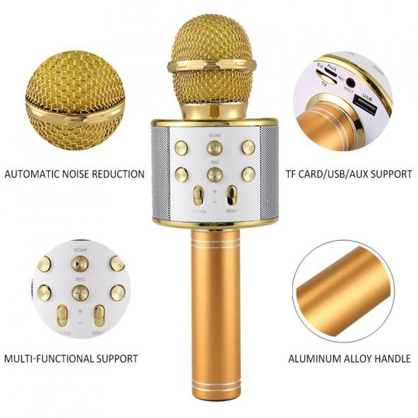 Karaoke Mikrofon Bluetooth Hoparlör Usb Sd Kart ve Aux Girişli - Gold - 3