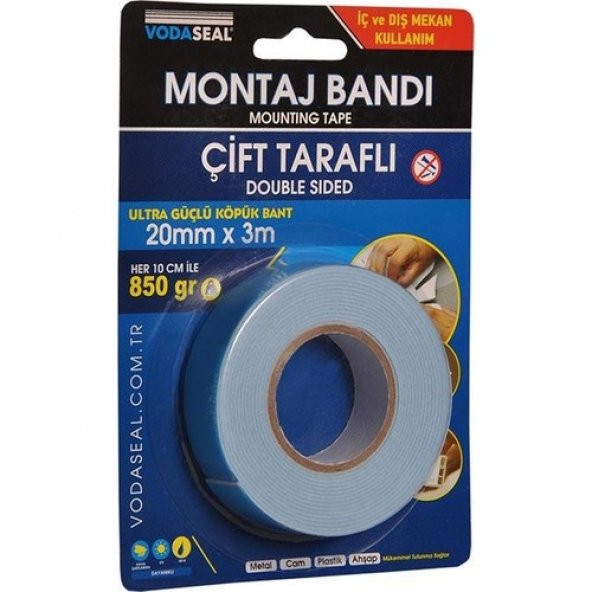 Vodaseal Çift Taraflı Köpük Montaj Bandı 20Mm X 3 M Beyaz