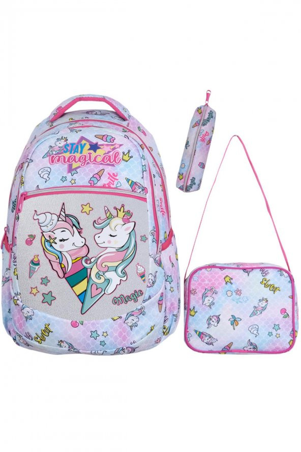 3lü Okul Seti, Mavi Unicorn Desenli İlkokul Çantası + Beslenme Çantası + Kalemlik - 1