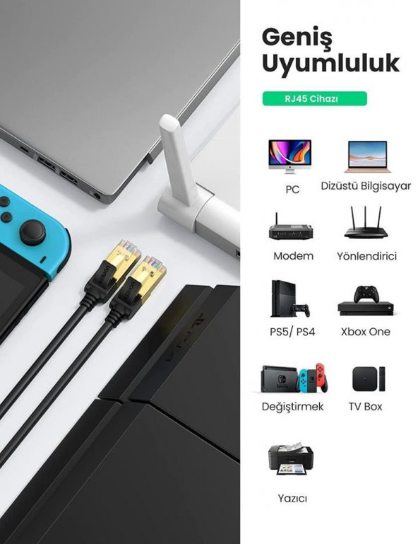 UGREEN Cat7 Esnek Ethernet Kablosu Altın Kaplama 10Gbps 60 - Resim 3