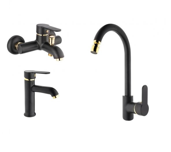 Gms Zirve Siyah Altın Banyo, Eviye, Lavabo Batarya Seti
