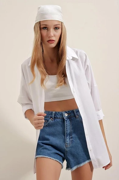Kadın Oversize Gömlek Beyaz - 2