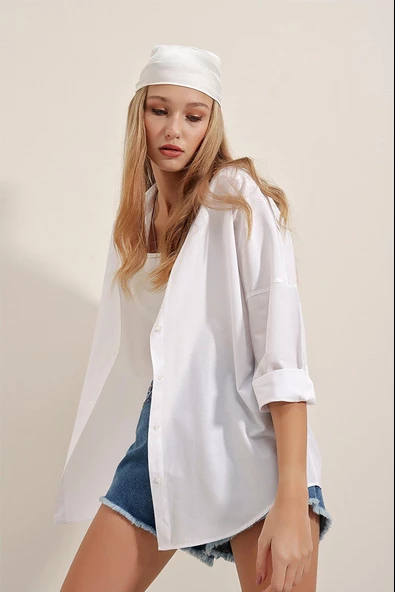 Kadın Oversize Gömlek Beyaz - 5