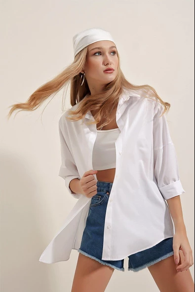 Kadın Oversize Gömlek Beyaz - 4