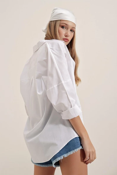 Kadın Oversize Gömlek Beyaz - 6