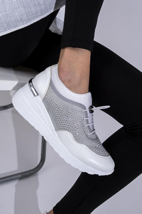 Modabuymus Stonestar Gri Taşlı Sneaker Dolgu Tabanlı Beyaz Spor Ayakkabı