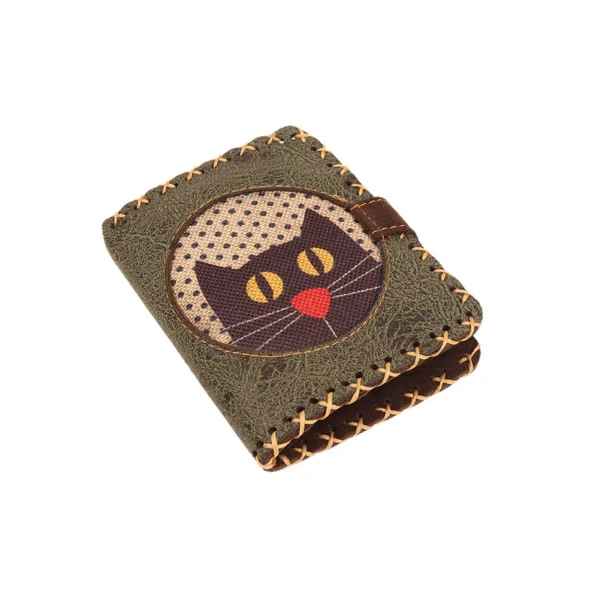 KB YEŞİL KAHVE KEDİ BIYIK ÖRGÜ TASARIM CÜZDAN ÜNİSEX